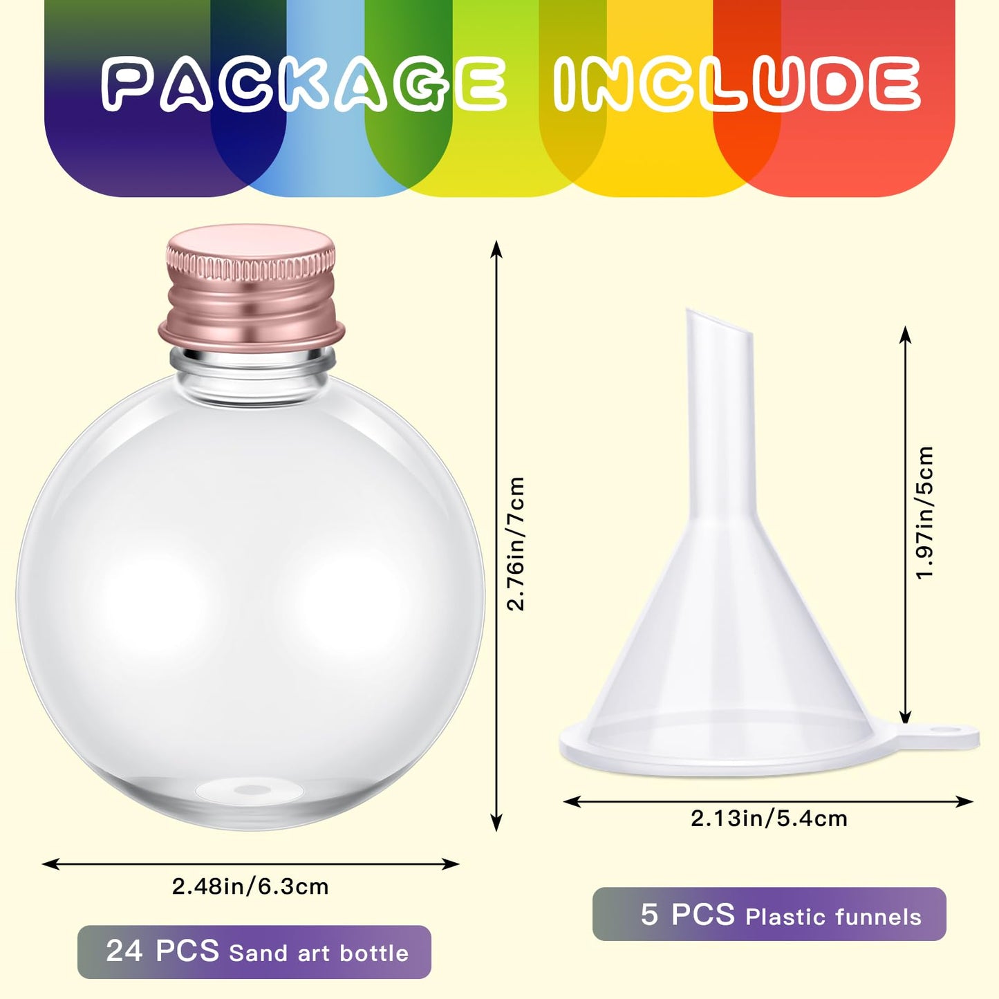 Layhit 24 Pcs Spherical Plastic Potion Bottles Ball Shape Round Bottles 3.4 oz Sand Art Jar with 5 Funnels Decorative ‌container Candy Jar for Valentines Birthday DIY Crafts(Rose Gold,Aluminum Lid)