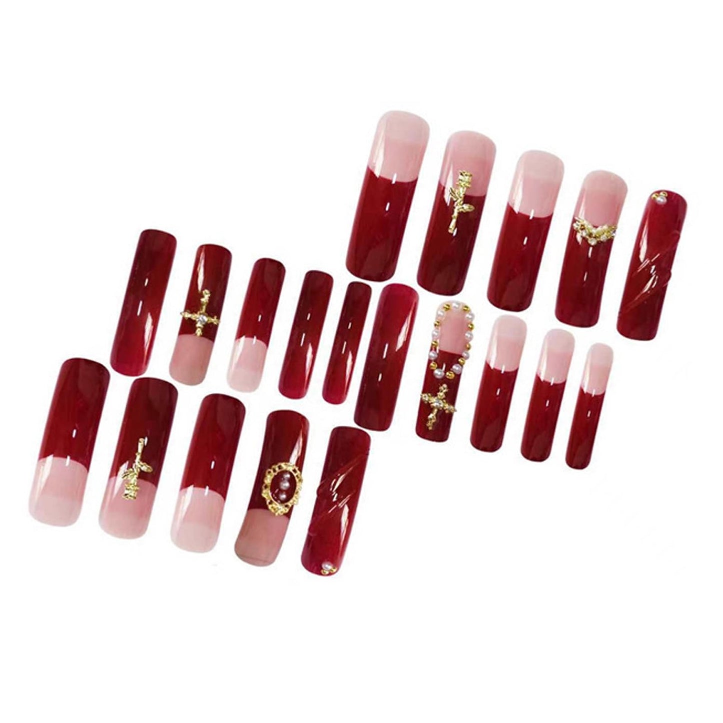 IMSOHOT Extra Long Press on Nails Curved Long Fake Nails Wine Red French Nail Tips, Golden Charms, Glossy, Acrylic False Nails Full Cover Handmade DIY Glue on Nails
