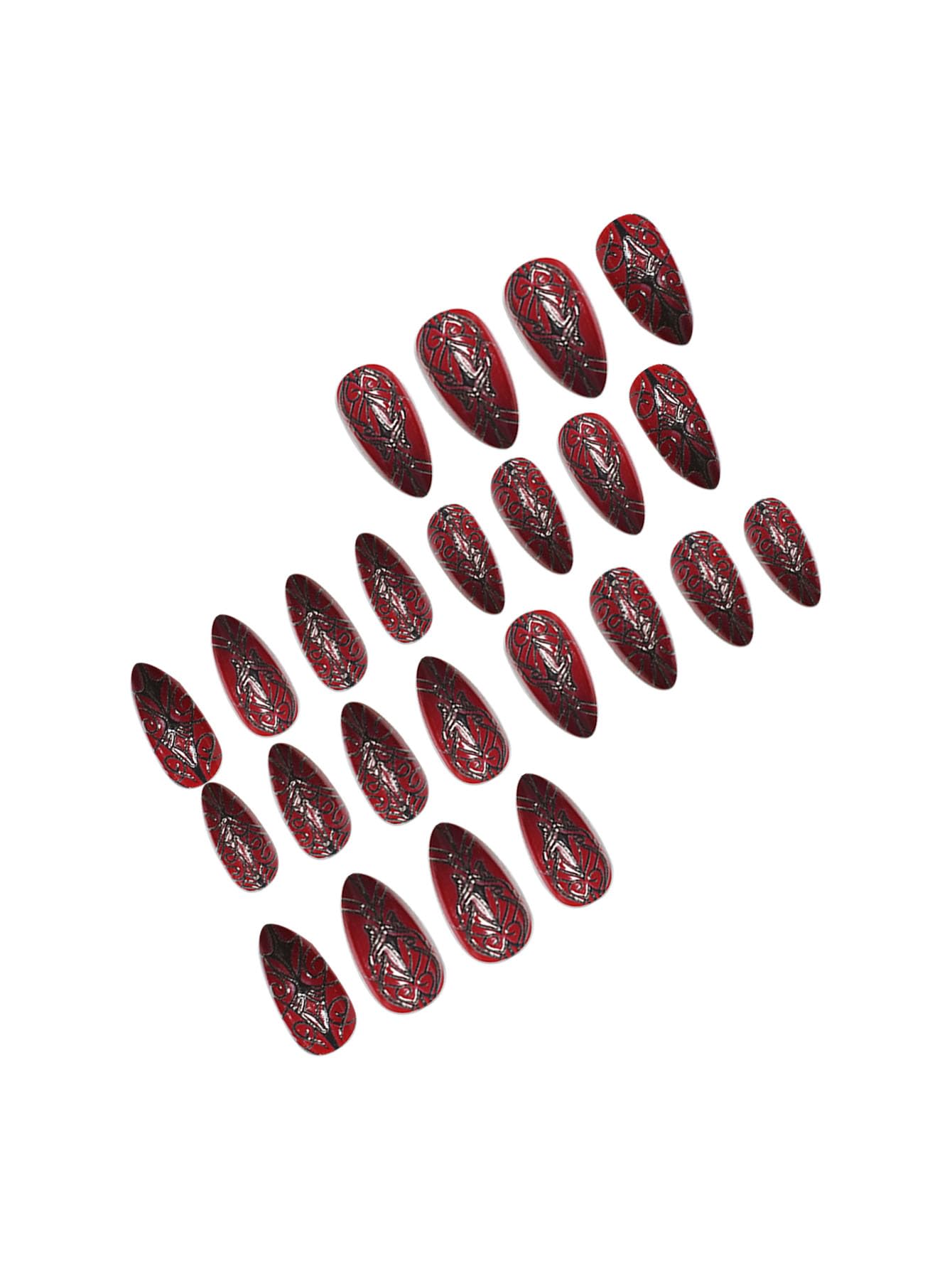 SEENEEY Long Almond Press on Nails Halloween Dark Red Artificial Fake Nails with Black Spider Web Designs Stick on Nail for Women 24pcs