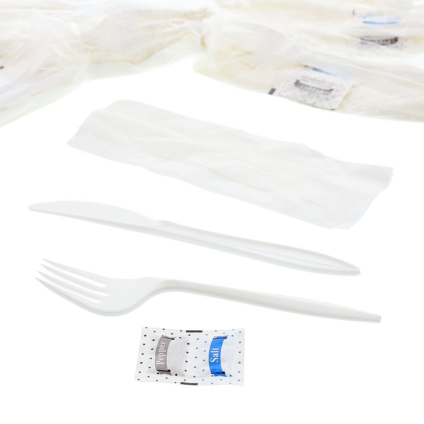 AmerCareRoyal 5-in-1 Disposable Silverware Medium Weight Plastic Utensil Set with Fork, Knife, Salt & Pepper Packets, 12x13 inch Napkin - Individually Wrapped Cutlery Meal Kit, White, Case of 250
