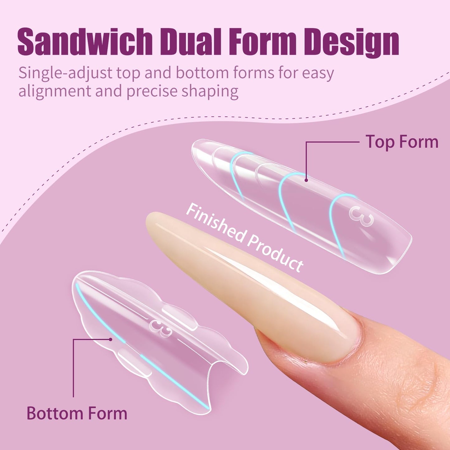 Vnjaoi 280 Pcs Original Sandwich Nails Dual Form with Guide Lines Long Oval Nail Mold for Builder Gel Nail Extensions Art Design Salon DIY at Home