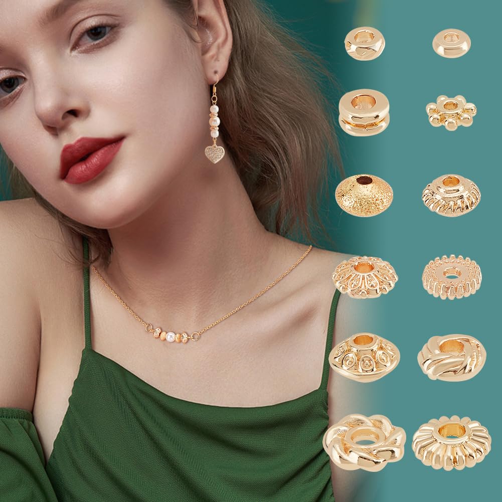PH PandaHall 120Pcs 14K Gold Spacer Beads, 12 Style Alloy Brass Spacer Beads Gold Flat Bead Flower Cylindrical Bead for Jewelry Making Stackable Bracelet Necklace Earring