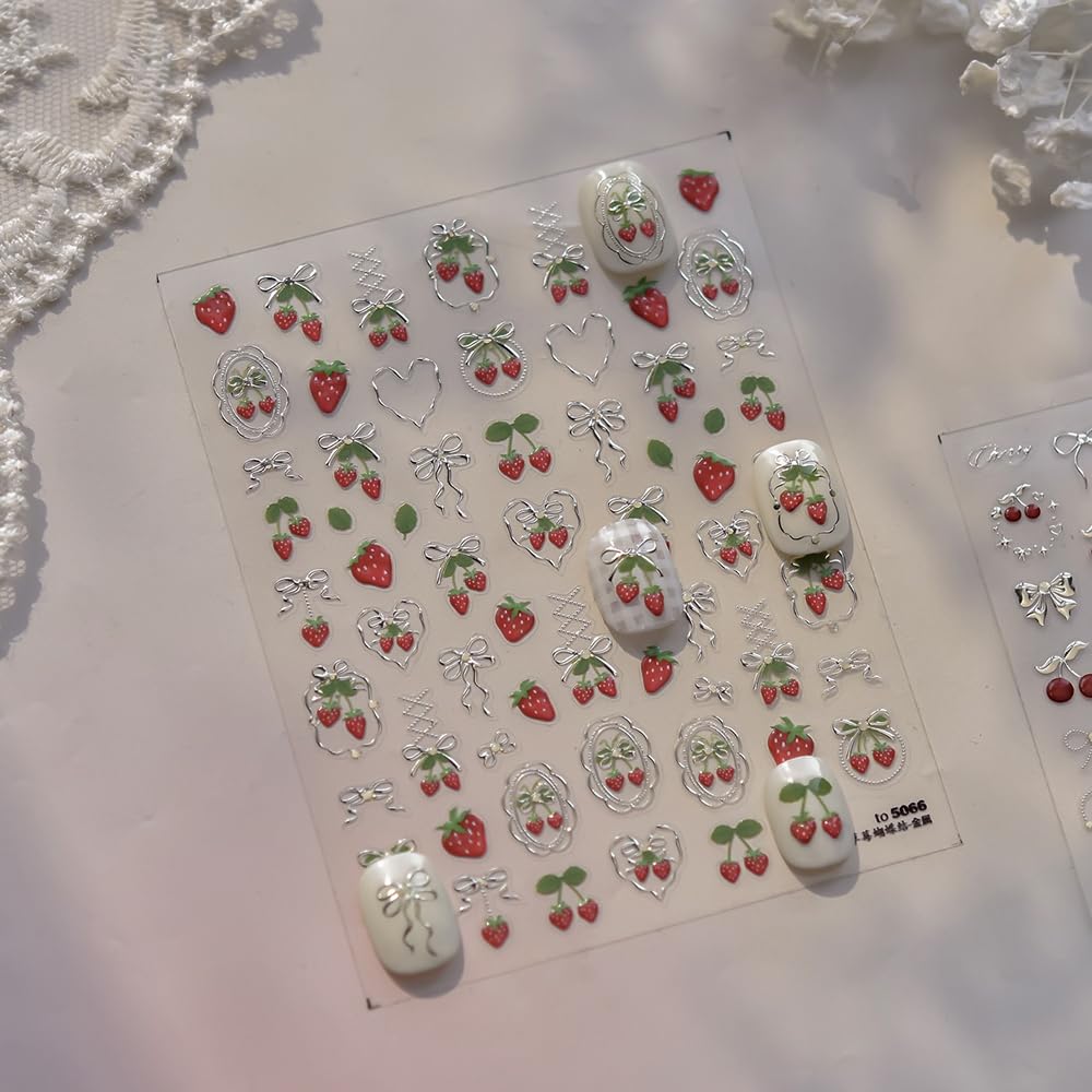 Strawberry Kiss Nail Stickers 5D Embossed – Premium Salon-Quality Nail Charm Accessories, Easy Application & Self-Adhesive Cute Berry Bowknot for DIY Manicure, Nail Art, Press on, Home or Salon Use