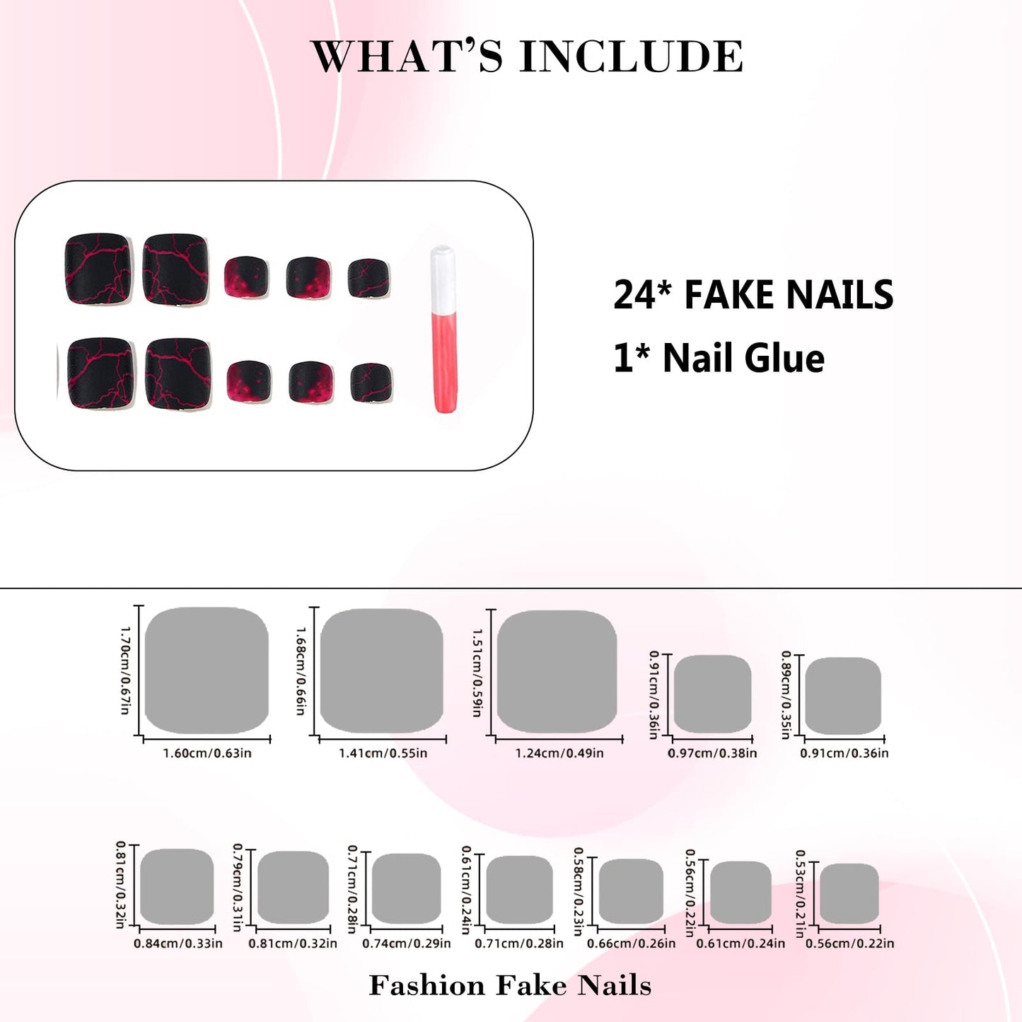 IMRAIN Press on Toe Nails Short Square Fake Toenails Full Cover Black Matte Acrylic False Toe Nails with Red Lightning Designs Glue on Toenails Y2K Toe Nail Supplies 24Pcs