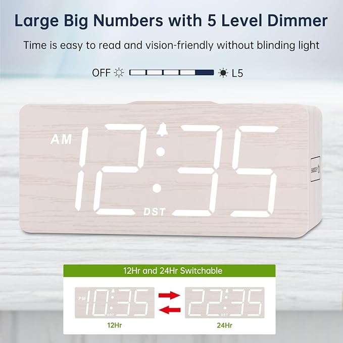 DreamSky Wooden Digital Alarm Clock with Wireless Charging for Bedroom