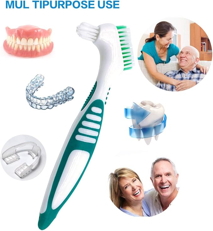 Denture Cleaning Brush Set with Dustproof Denture Brush Holder - Denture Brush Toothbrush Set for Denture Cleaning Care - Multi-Layered Bristles & Ergonomic Rubber Handle (Blue & Green)
