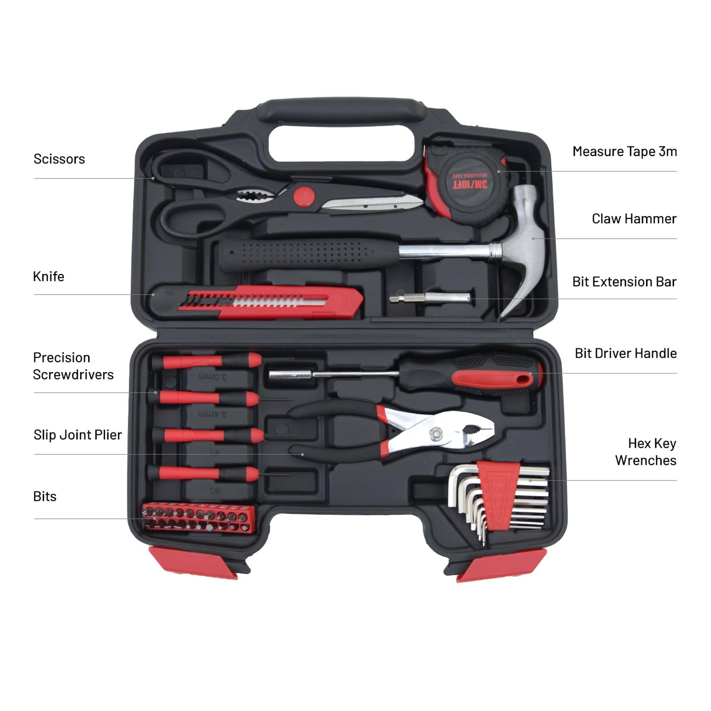 HANTINSTINA 39-Piece Household Tools Kit - Comprehensive and Essential Repair Set Tools for Dorm, Home Use, DIY (39p-red)