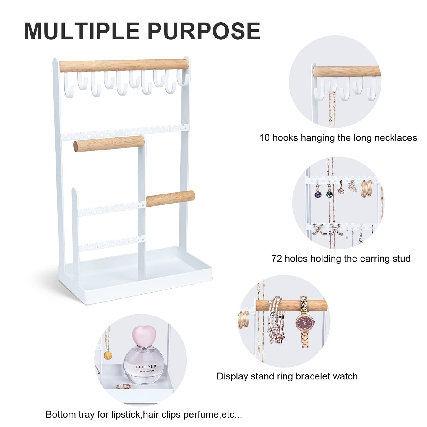 V-LAFUY Jewelry Holder Organizer, 4 Tier Necklace Holder Jewelry Tower with 10 Hooks 88 Holes, Jewelry Stand Organizer Storage Bracelets Earrings Rings Watches - Elegant White