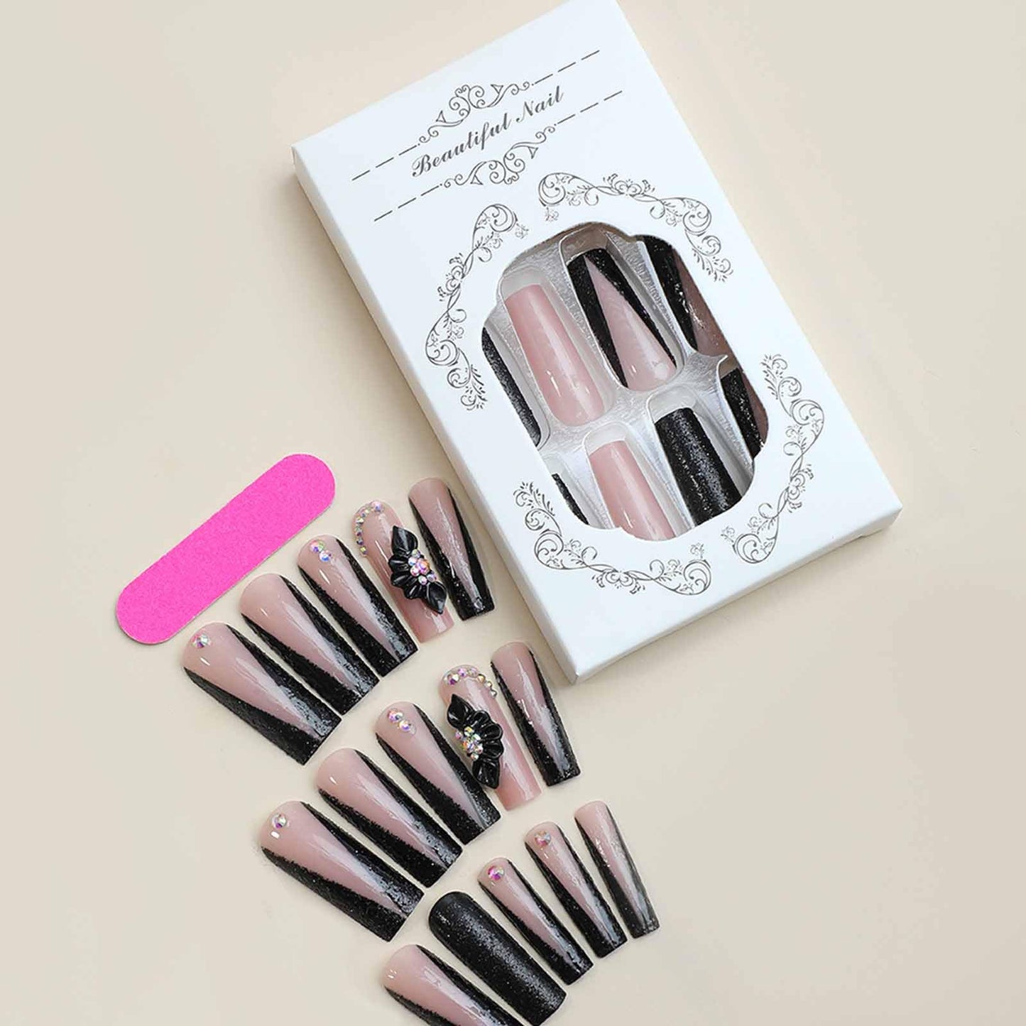 IMSOHOT Press on Nails Long Square Fake Nails Black French False Nail Tips Glossy Acrylic Full Cover Rhinestones Glitter Glue on Nails for Women 24Pcs