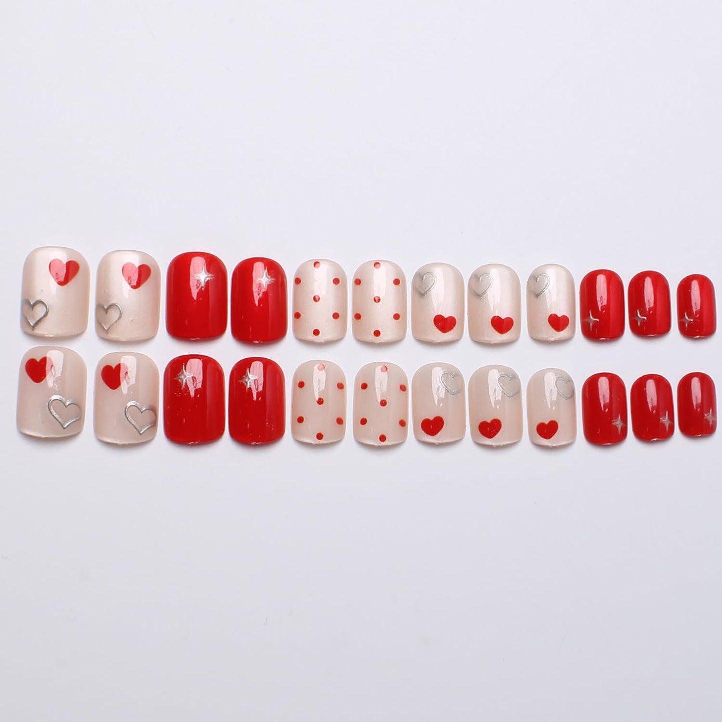 24Pcs Valentines Press on Nails Short Square Fake Nails with Designs Heart Acrylic Nails Glitter Valentine False Nails Red Glossy Full Cover Glue on Nails for Women Wedding Nail Decorations