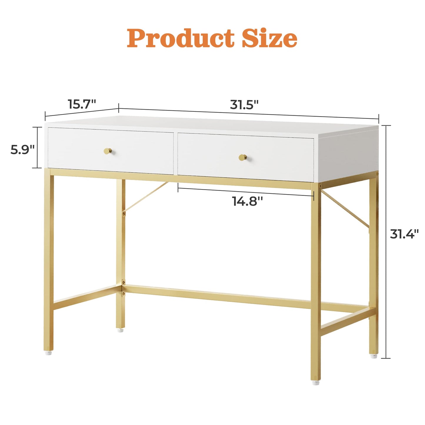 SUPERJARE 31.5" White and Gold Desk with 2 Drawers, Modern Vanity Desk, Small Makeup Table for Home Office Writing Study Bedroom