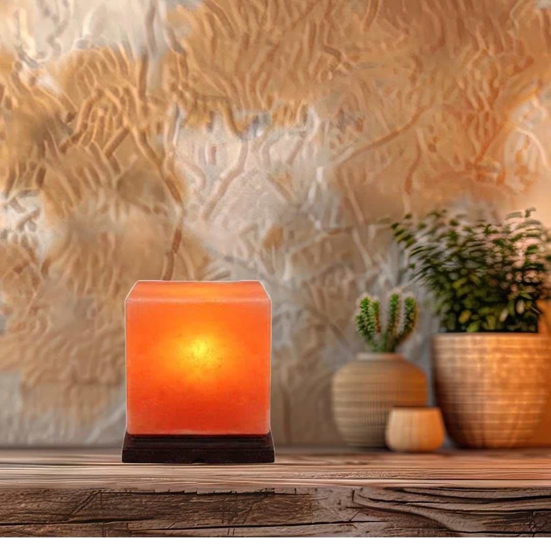 NatureBoost Himalayan Pink Salt Lamp 8 x 6 x 6 Inches – Cube Shape Natural Crystal Rock Salt Lamp with Dimmer Switch & Extra Bulb – Warm Amber Glow Night Light for Bedroom, Office & Living Room