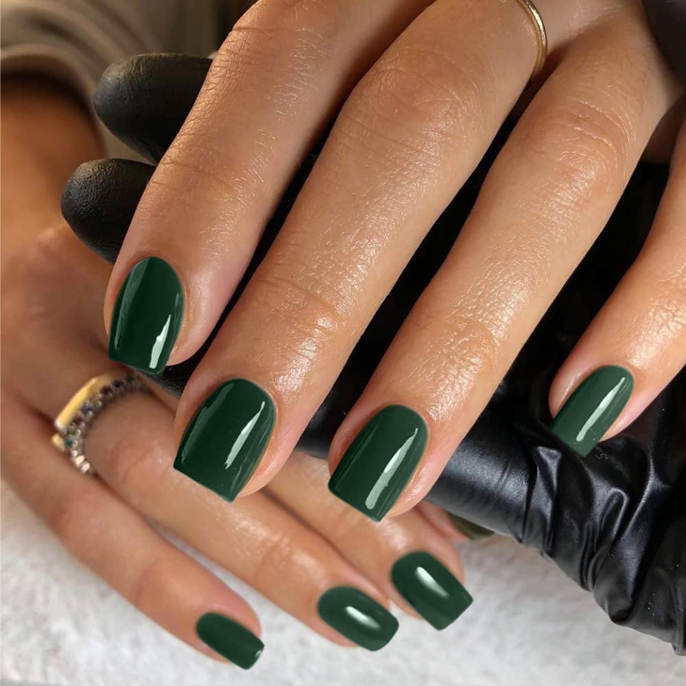 KQueenest Acrylic Press on Nails Short Square Dark Green Nails Set Glazed Fake Nails Press on Acrylic Nails Pure Short Nails Glue on Real Stick on Nails for Women Fall Winter Wear