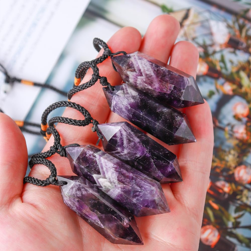 Runyangshi Dream Amethyst Healing Crystal Pendants, Double Pointed Natural Crystal Quartz Necklace 6 Faceted Chakra Crystal Wand Stone