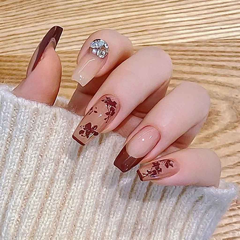 RikView French Tip Press on Nails Long Acrylic Nails Red Coffin Acrylic Nails with Fall Design Full Cover Nails 24 PCs/Set