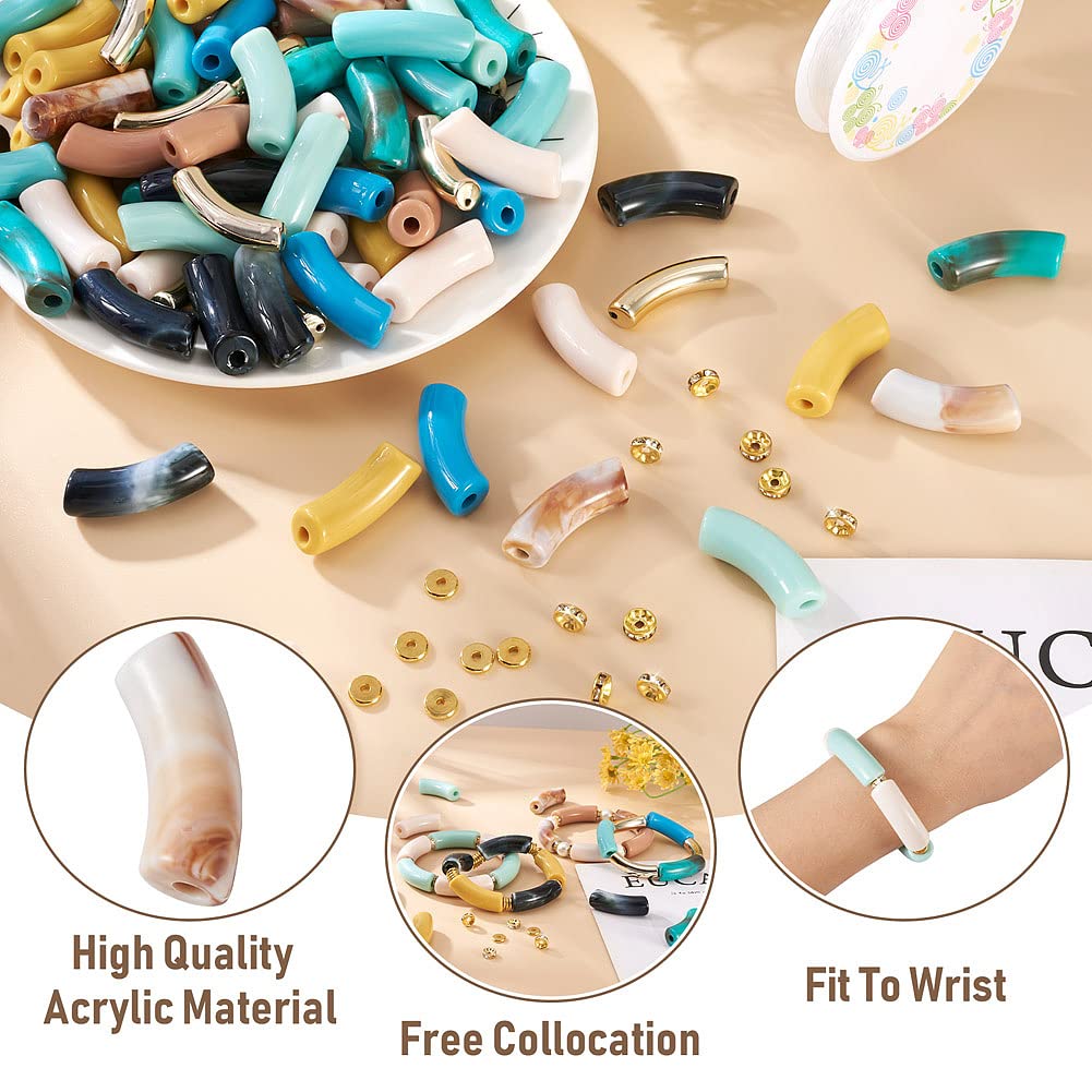 Sparkeads 110PCS Bamboo Tube Bracelet Making Kit for Women Friendship Gift Stacking Bangles Chunky Curved Acrylic Beads Rhinestone Beads Metal Spacers Elastic Thread