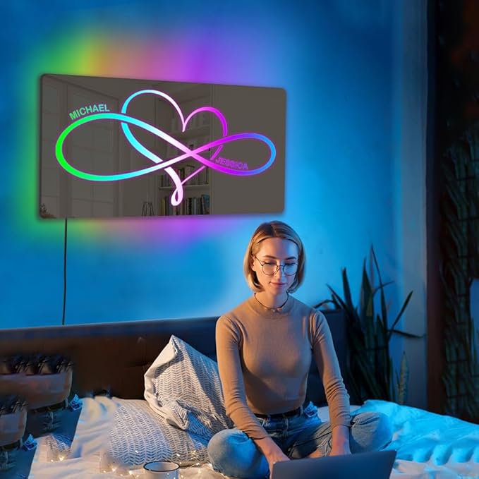 Custom Infinity Love LED Light - Couple Name Light Up Sign - Personalized LED Sign - Custom Mirror with Name - LED Mirror for Bedroom, Couple Gifts