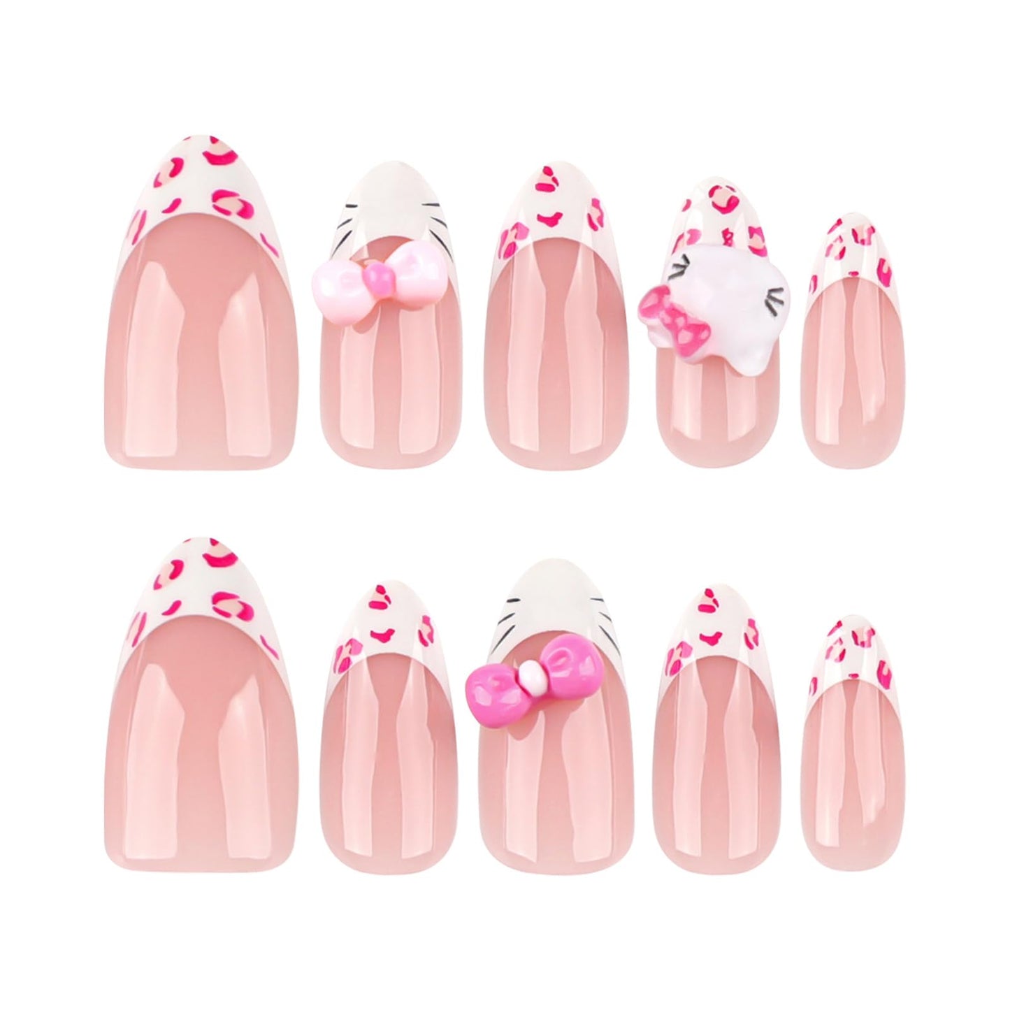 MISUD Press on Nails - Medium Almond Glue on Nails with Pink Cheetah, Acrylic Cute Cat Design 24 pcs