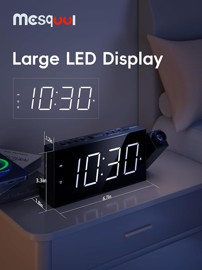 Mesqool Projection Alarm Clock with Loud Bed Shaker, Dual Alarms | 5-level Dimmer, USB charger, Snooze & DST, Loud Vibrating Alarm with Battery Backup, Perfect for Heavy Sleepers