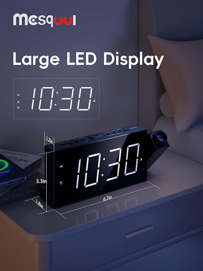 Mesqool Digital Projection Alarm Clock with Dual Alarms, 5 Levels Dimmer | Plug-in Clock with 180° Projection on Ceiling Wall,Battery Backup,12/24H & DST, USB Charging Port,Snooze for Heavy Sleepers