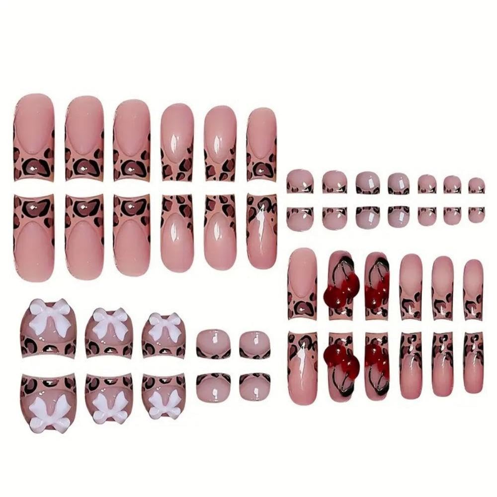 Leopard French Tip Press on Toenails Pink Press on Nails Medium Square Fake Nails with 5D Pink Bow Charms Design Glossy Skin Tones Fake Toenails 3D Cherry False Nails for Women DIY Manicure 48Pcs
