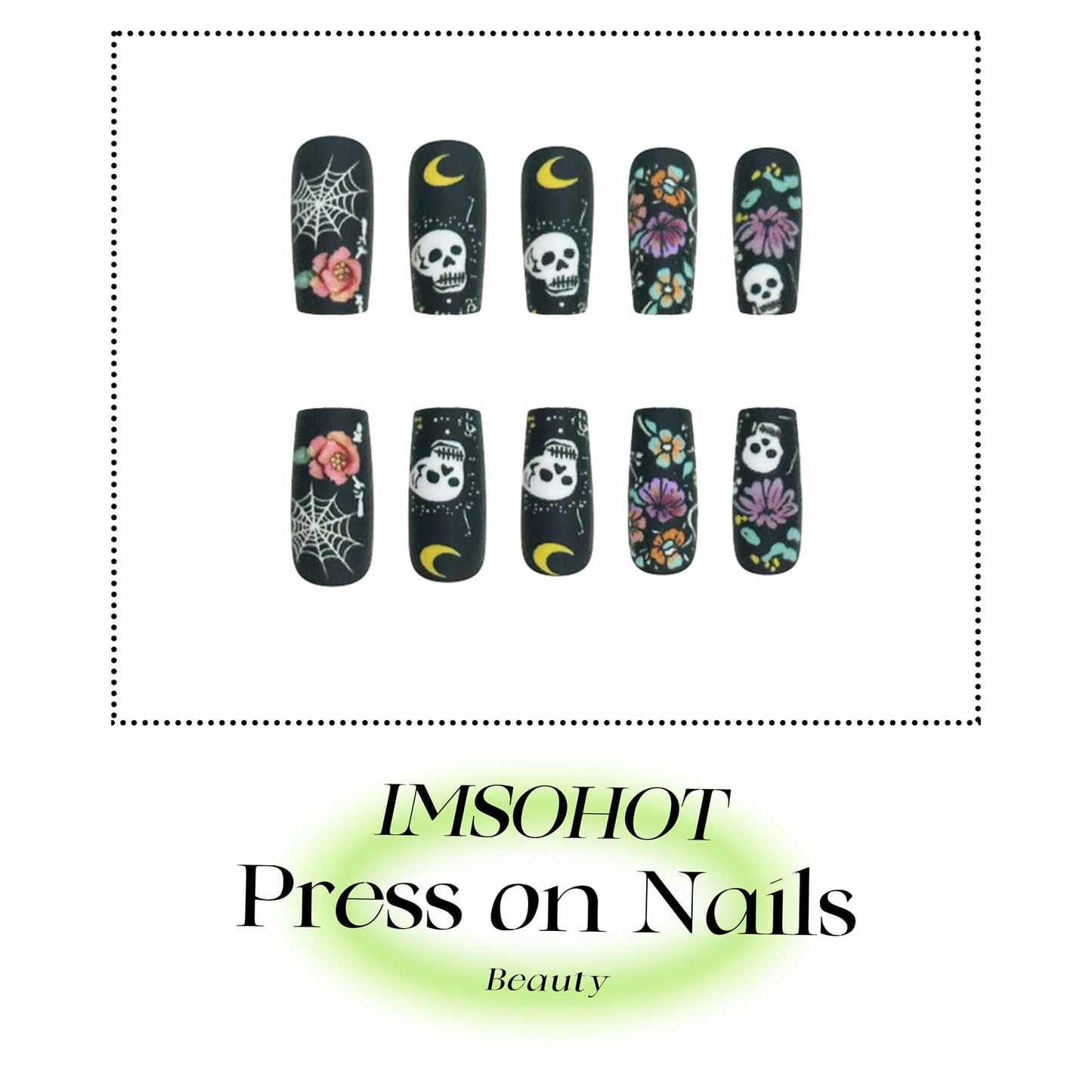 IMSOHOT Halloween Press on Nails Long Square Fake Nails Matte Black Acrylic Full Cover False Nails with Flower & Skull Designs Goth Punk Glue on Nails for Women DIY Manicure