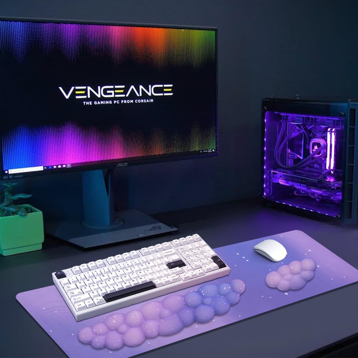 Gaming Desk Mat with Keyboard Wrist Rest Set, 4 in 1 Large Mouse Pad & Cloud Keyboard Wrist Rest& Mouse Wrist Rest&Coaster, Comfort and Support for Typing and Gaming(Purple Starry Night)