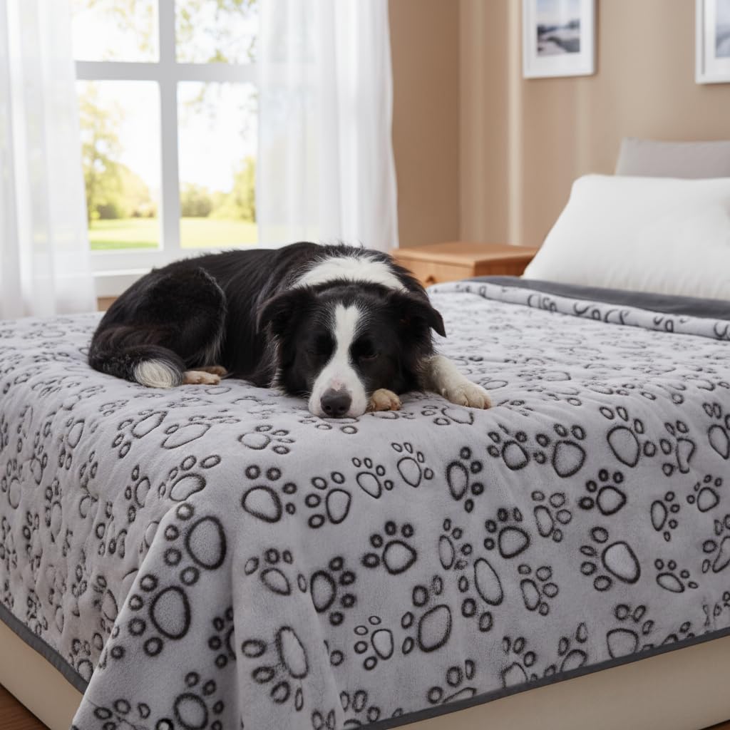 Stuffed Large Brown Premium Soft Dog Blanket, with Flannel Cute Paw Print, 43 * 66 inches, Cat Blanket Maltipoo Puppy Essentials