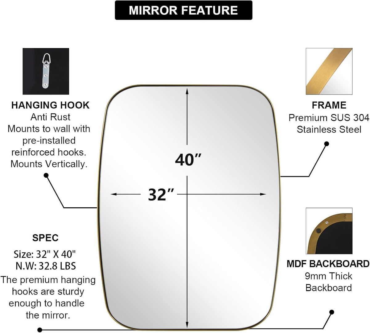 ANDY STAR Gold Oblong Mirror, 32x40 Inch Gold Oval Mirror for Bathroom with Stainless Steel Metal Frame, Wall Mouned for Bathroom, Living Room, Entryway