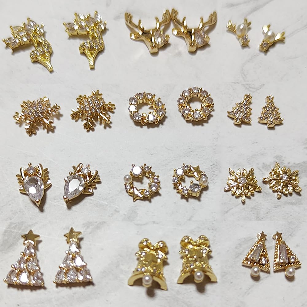 24pcs Luxury Zircon Christmas Nail Charms - 3D Snowflake, Elk, Xmas Tree, Garland Decorations - Gold Art Rhinestones Gems for Nails