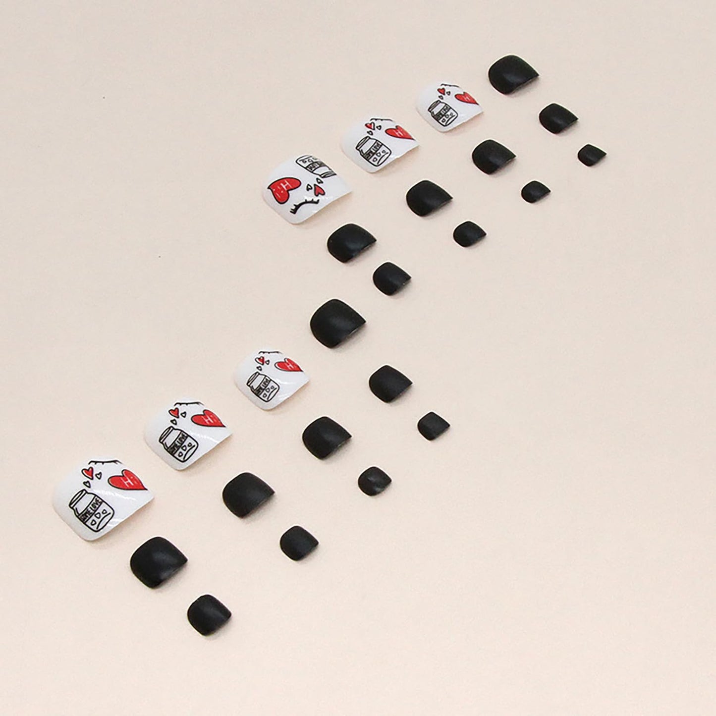 Artificial Acrylic Fake Nails for Toe, Press on Toenails Coffin with Heart Designs, Full Cover Reusable False Toenails with Glue, Glue on Toenails with Charm, Stick on Toe Nails for Women（F105）