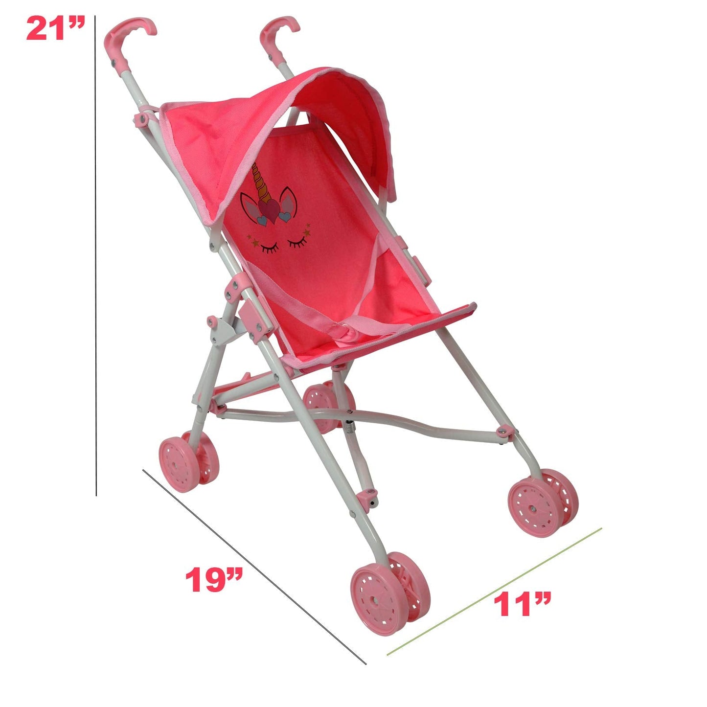 My First Baby Doll Stroller for Toddlers 1-3 Year Old Girls, Little Kids | Toy Stroller with Bottom Storage Basket, Foldable Frame, Canopy, Seatbelt - Unicorn (Pink)