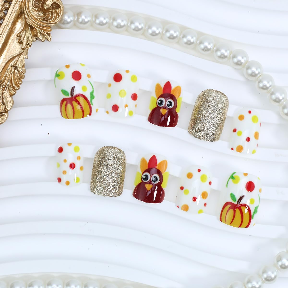 24Pcs Thanksgiving Press on Nails Short Square Turkey Fake Nails with Gold Glitter Design White False Nails Full Cover Artificial Glue on Nails Fall Stick on Nail for Acrylic Autumn Manicure Salon
