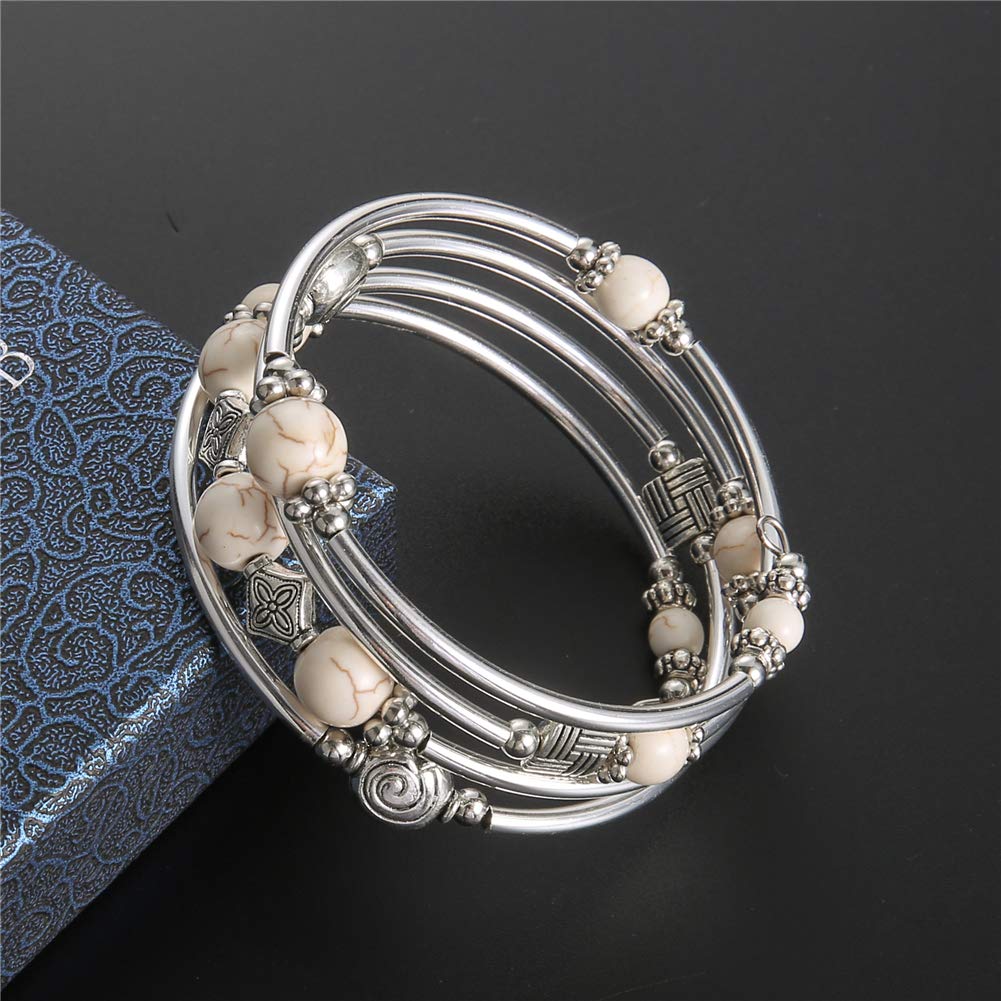 Beaded Pearl Bangle Wrap Bracelet - Fashion Bohemian Jewelry Multilayer Charm Bracelet with Thick Silver Metal Beads, Gift For Women(White Turquoise)