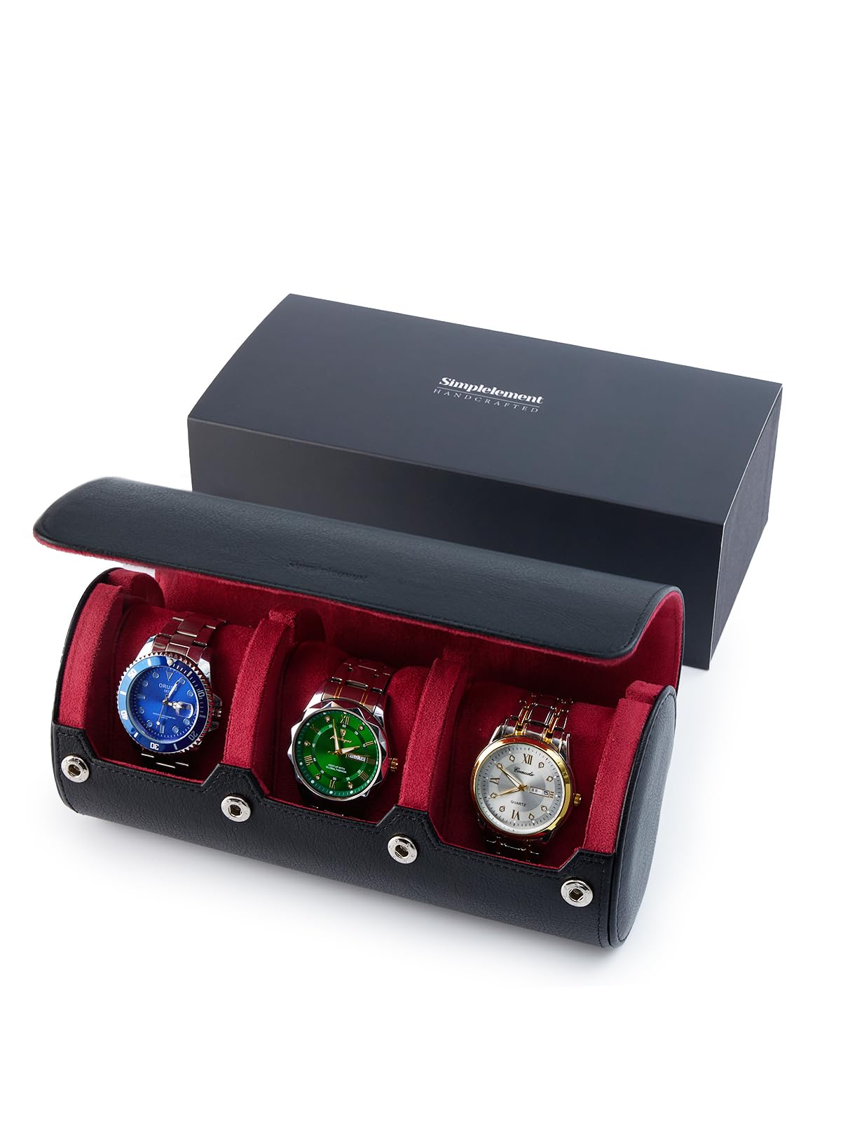 Simplelement Watch Travel Case for Men, PU Watch Roll for Travel Organizer, Gift-Box Packaging for Birthday or Christmas (Black/Red)