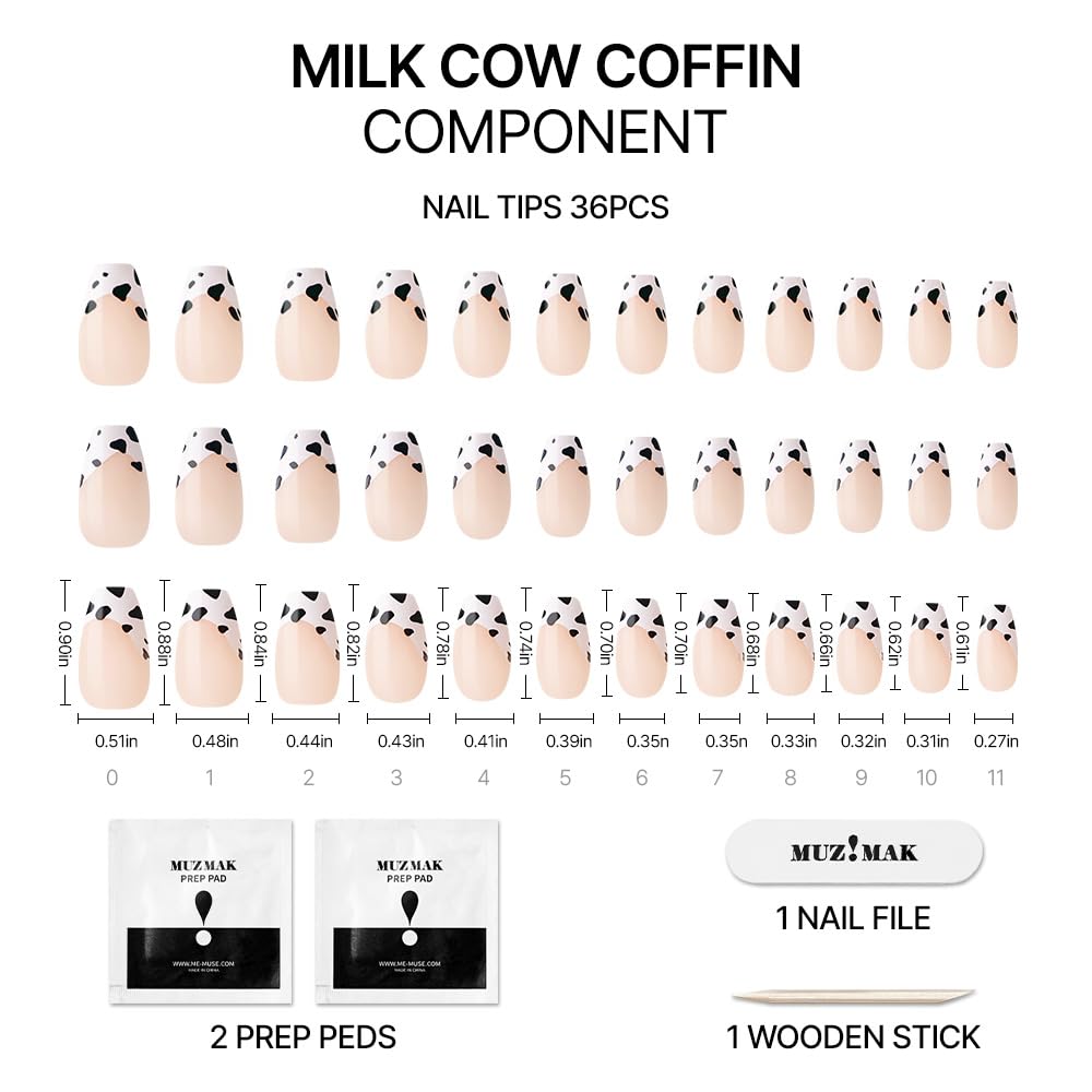 MUZMAK Reusable Press On Nails - Milk Cow - Long Coffin Press On Nails, Cow Print French Tip Fake Nails (Pack of 36)
