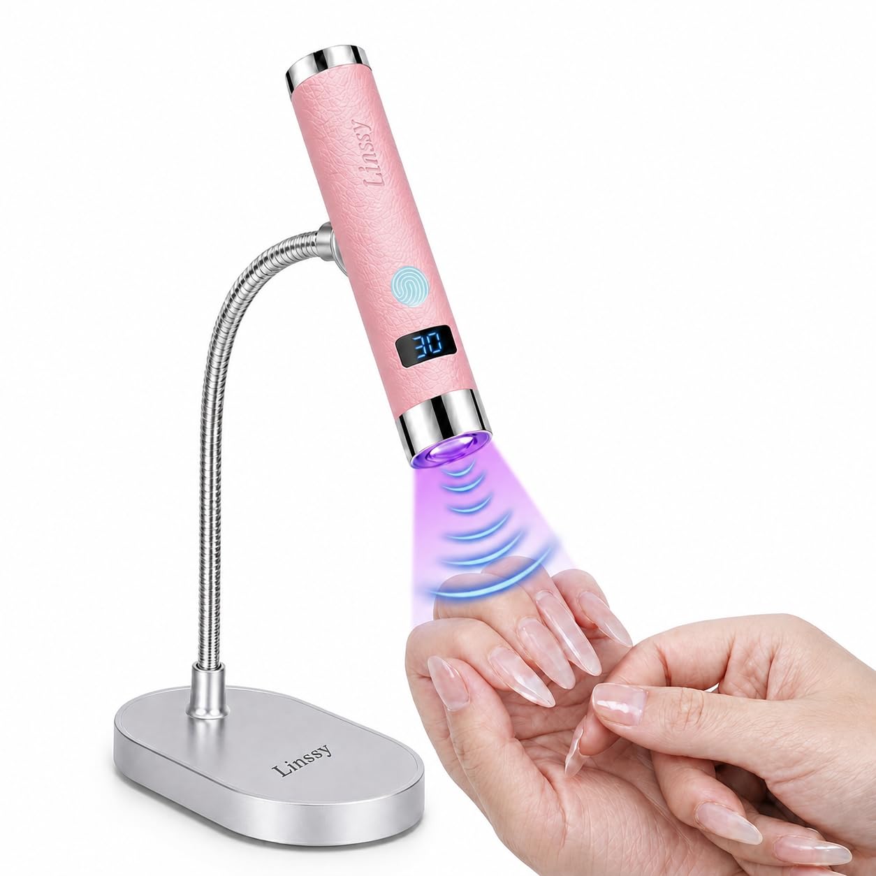 Linssy Mini UV Light for Nails with Auto Sensor & Gooseneck Stand,Portable Cordless Nail Lamp Flash Cure Lamp with LCD Display,Handheld UV Light for Gel Nails at Salon & Home Use (Pink)