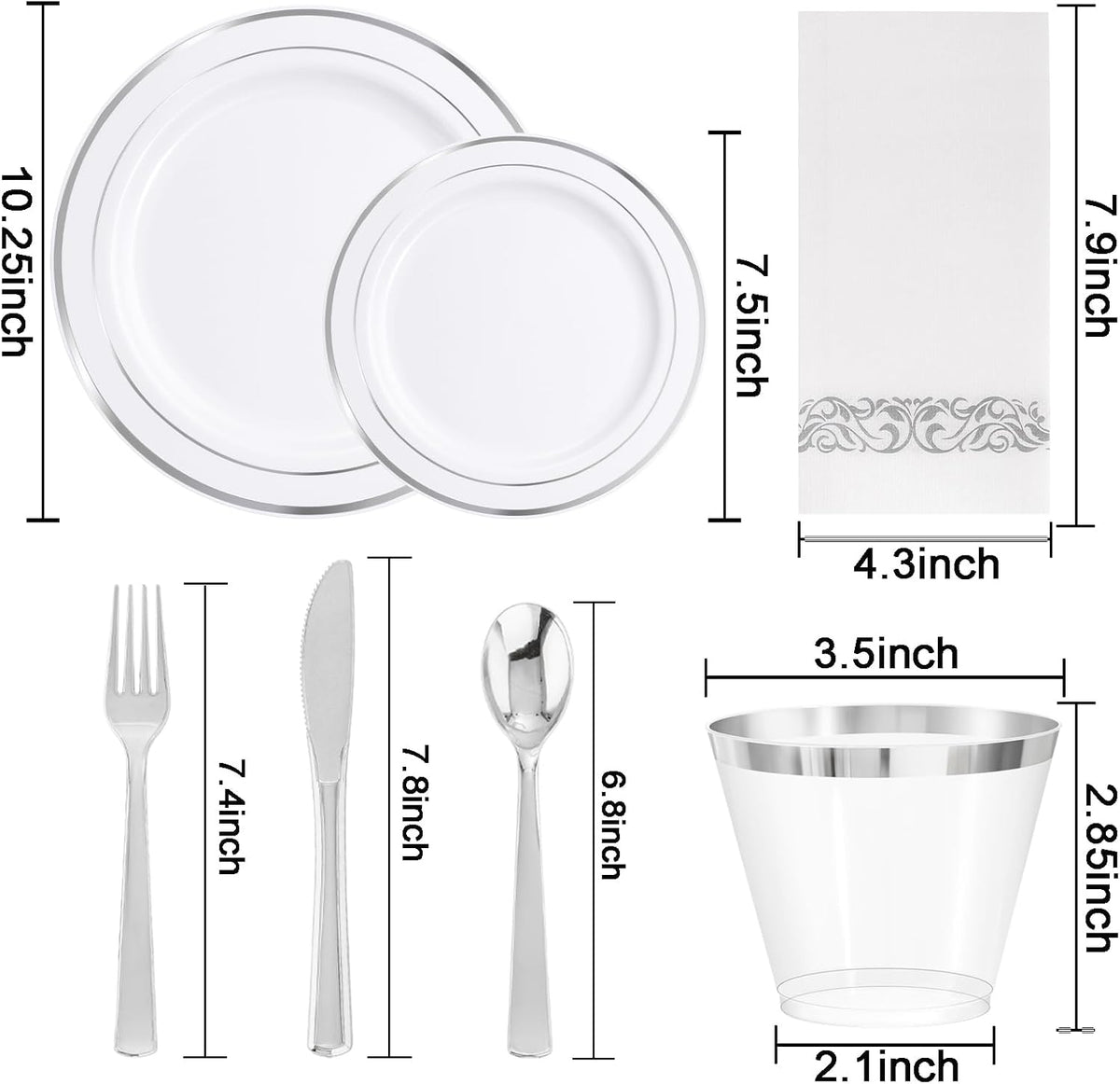 WELLIFE 700 Pieces Silver Plastic Dinnerware Set for 100 Guests - Includes Plates, Cups, Napkins, and Disposable Cutlery - Elegant White & Silver Design, Perfect for Parties and Events