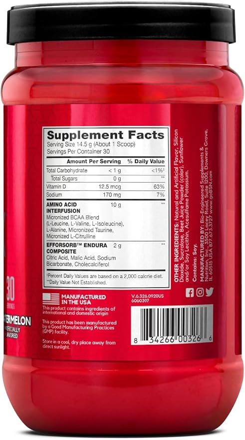BSN Amino X Muscle Recovery & Endurance Powder with BCAAs, 10 Grams of Amino Acids, Keto Friendly, Caffeine Free, Flavor: Watermelon, 30 servings (Packaging may vary)