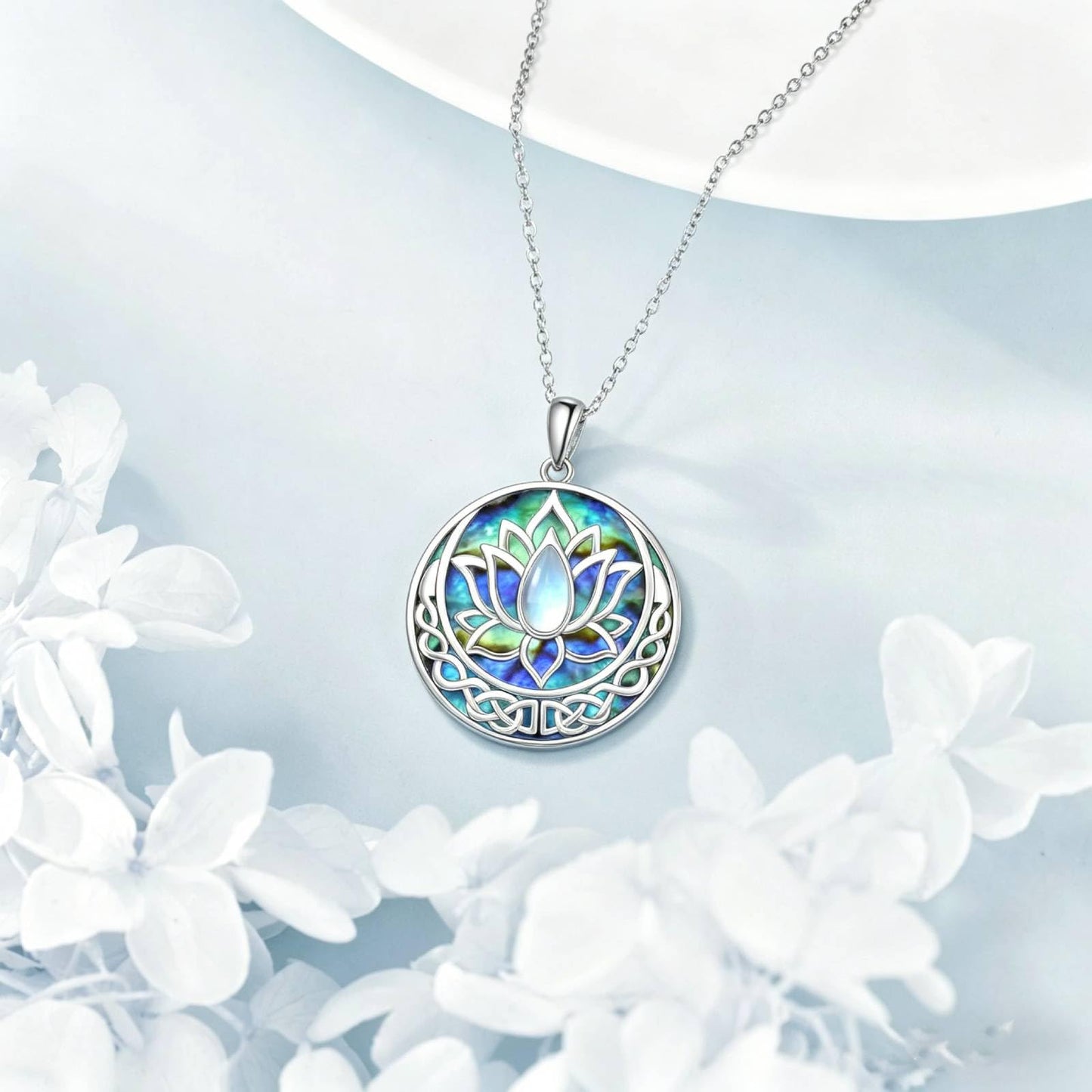SILBAZ Lotus Necklace Moonstone Pendant Necklace Celtic Knot Pendant Yoga Lotus Jewelry for Women