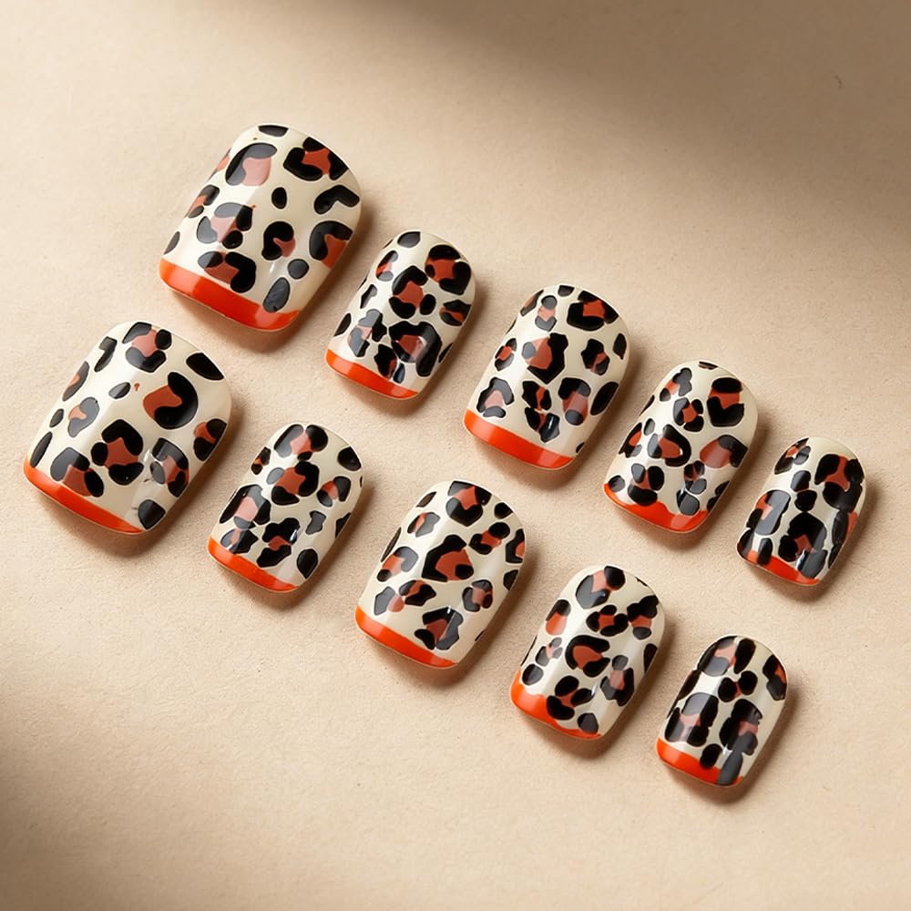 plalely Square Press on Nails Short Brown Fake Nail Leopard Style Acrylic Nail Press ons Stick on Nails for Women 24pcs
