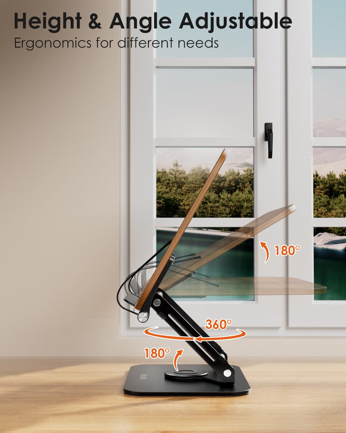 Book Stand for Reading, Aboutool Adjustable Book Holder with 360° Swivel Base & Page Clips, Foldable Cookbook Stand Textbook Stand for Music Scores, Recipe, Tablet, Laptop, Textbook