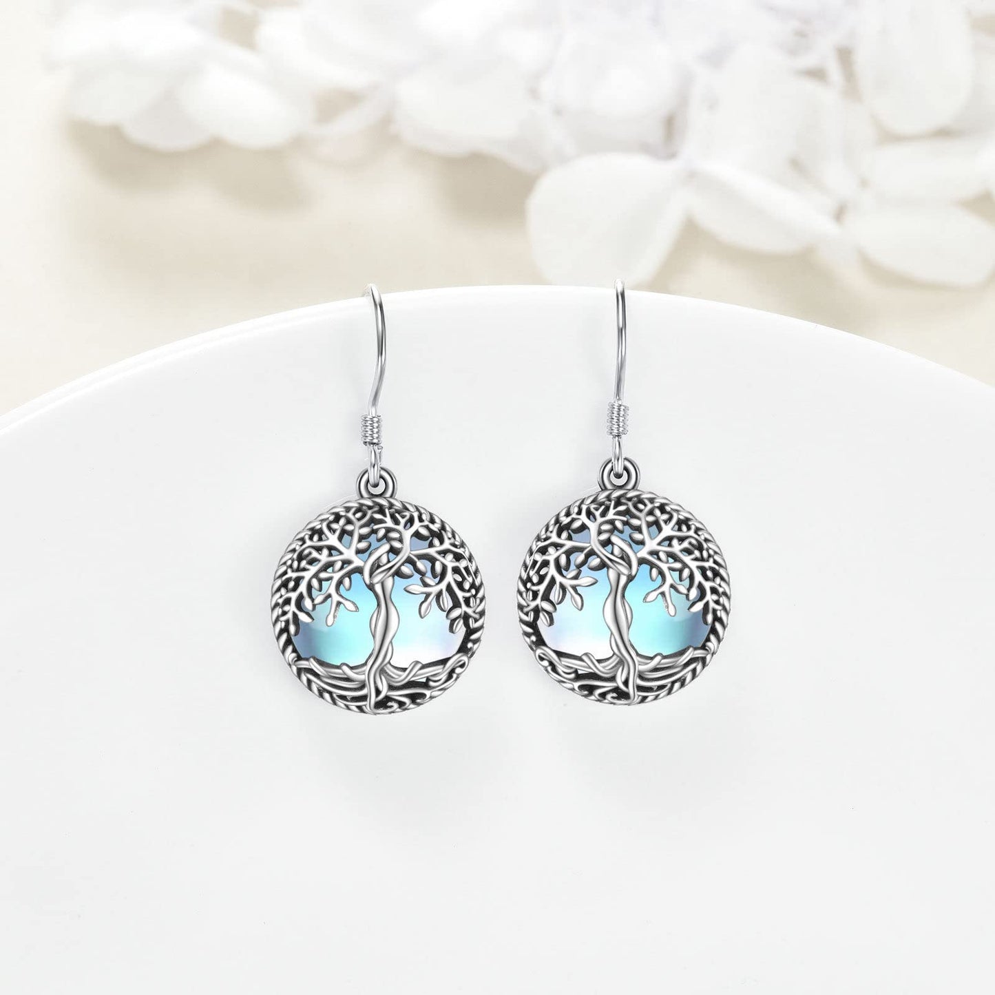 ONEFINITY Moonstone Tree of Life Sterling Silver Dangle Drop Earrings
