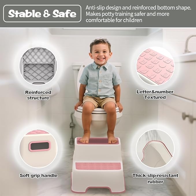 Toddler Step Stool for Bathroom Sink, 2 Pack Step Stool for Kids, Plastic Potty Training Toilet Stepping Stools, Child and Baby Lightweight&No-Slip Two Step Stools for Kitchen(Off-White/Pink)