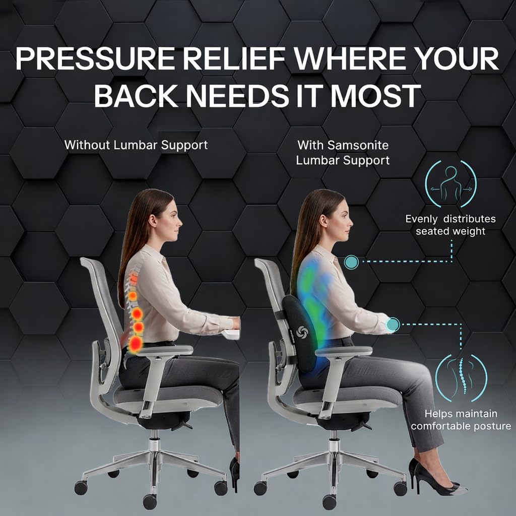 Samsonite Memory Foam Lumbar Support Pillow for Office Chair, Gaming Chair & Car Seat Automotive Use, Ergonomic Back Cushion, Home Office Essentials for Sitting Comfort and Posture Relief Back Support
