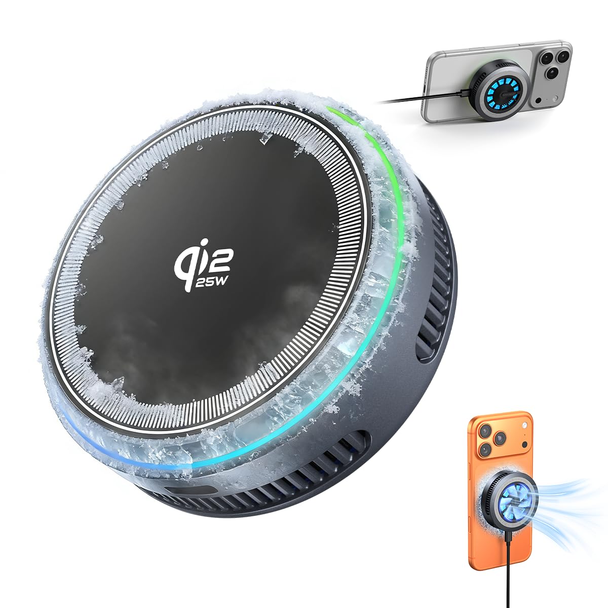 Qi2.2 Wireless Charger【25W Fast Charging+Instant Cooling】 Magnetic Charger Pad with Cooling Fan,LED Light Phone Holder Fast Charging Compatible with iphone17/16/15/14/13/12 Series