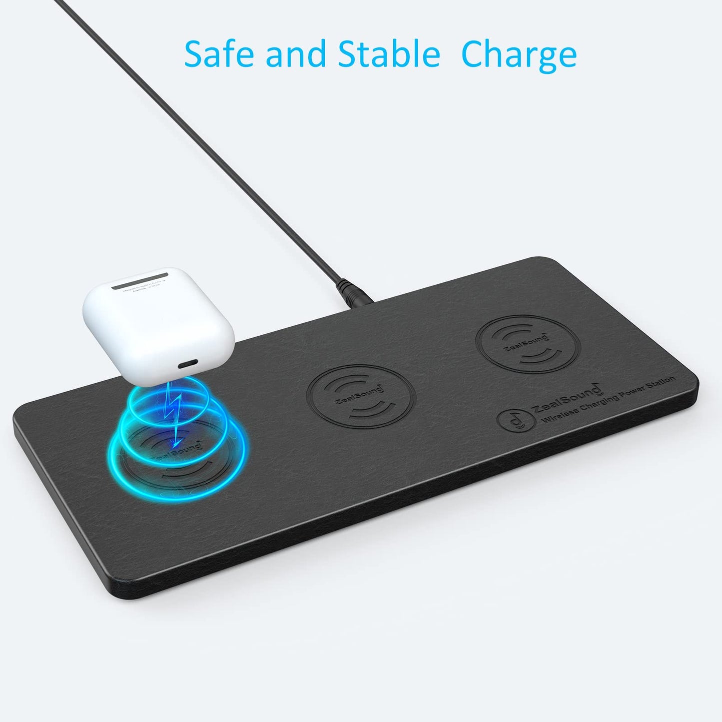 ZealSound Wireless Charging Pad, 3 in 1 Charger Mat for iPhone, Samsung Galaxy, Pixel, AirPods & Galaxy Buds, 24W Adapter Included, Ultra Slim, Case Friendly, PU Leather, for Home Office & Travel