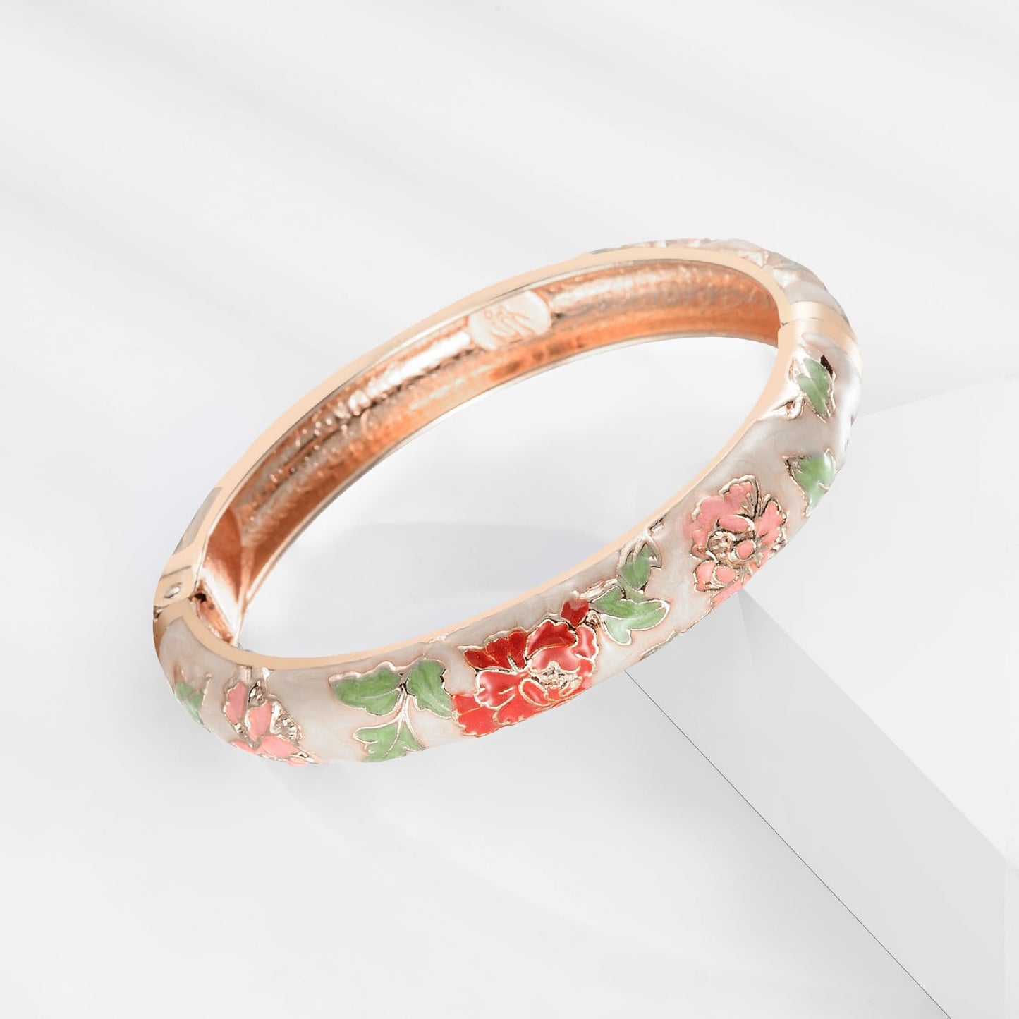 UJOY Womens Multi-Colors Cloisonne Bracelet Gold Plated Flower Enameled Hinged Cuff Bangles Jewelry Gift 55A-3PCS Cream White