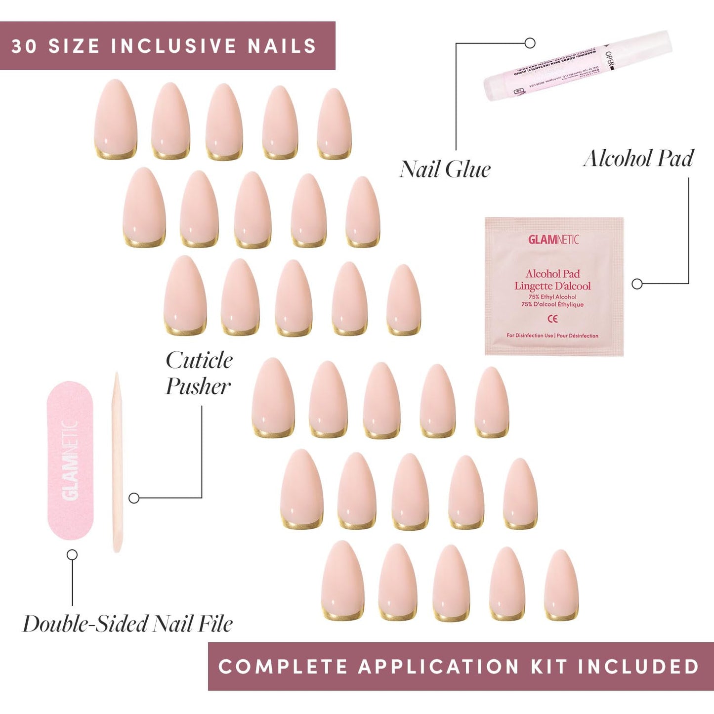 Glamnetic Press On Nails - Goal Getter | Medium Almond Fake Nails and Neutral Gold Reverse French Tip, Salon Quality | 15 Sizes - 30 Nail Kit Wtih Glue