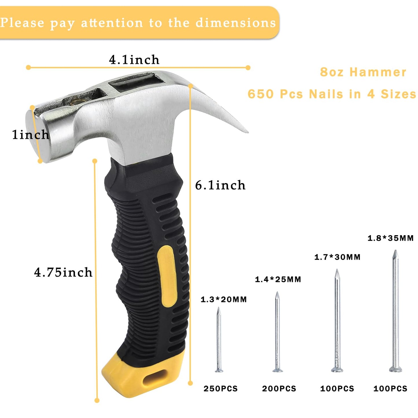 ALLWIN Nail Assortment Kit and 8oz Small Claw Hammer, 650 Pcs Small Nails, Picture Hanging Nails, Black, 0.671 kg